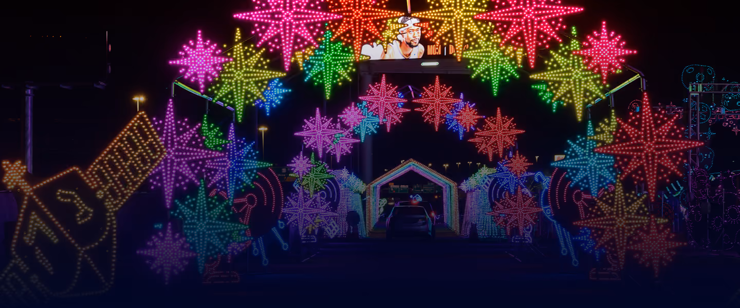 Giant illuminated snowflakes and candy displays