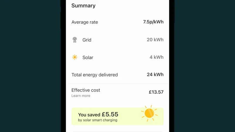 Energy input breakdown and solar charging savings in the ev.energy app