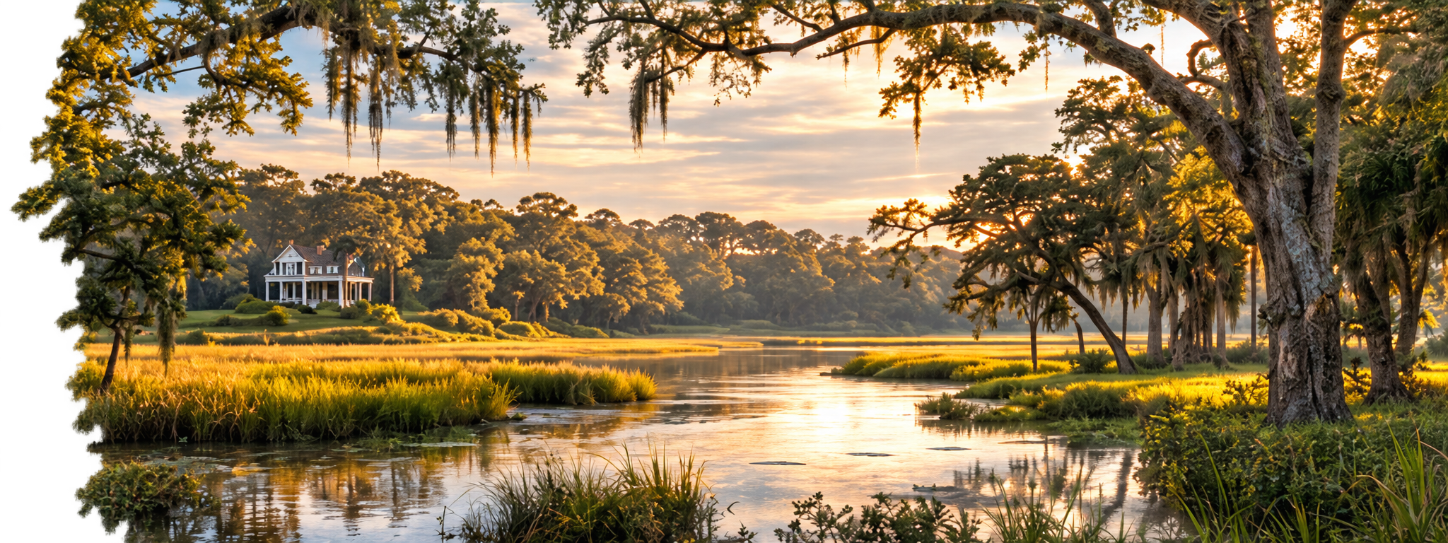 South Carolina Lowcountry farm landscape at sunset