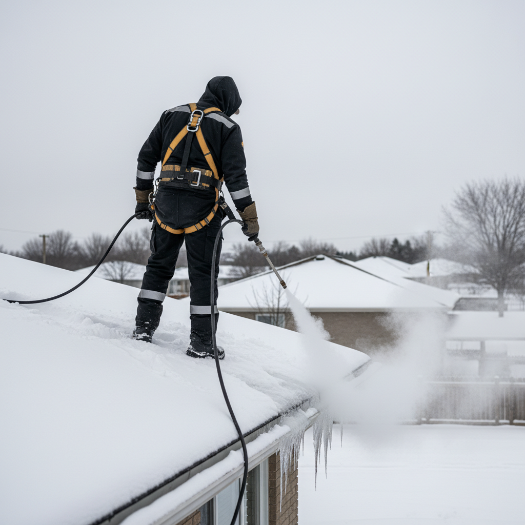 Roofer using a steam hose to gently melt an ice dam off a snowy residential roof
