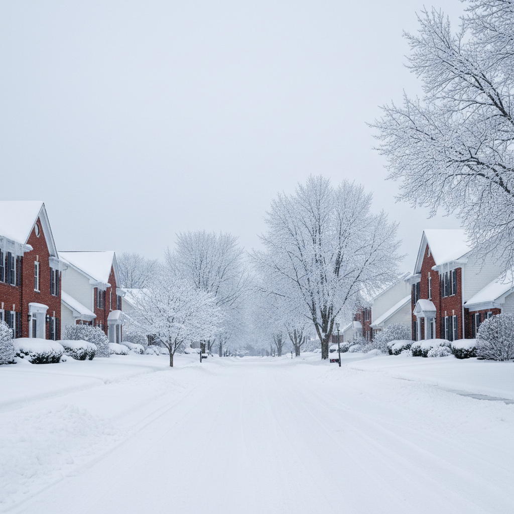 Snow-covered colonial homes with icicles along the eaves on a Geauga County street after heavy lake-effect snow
