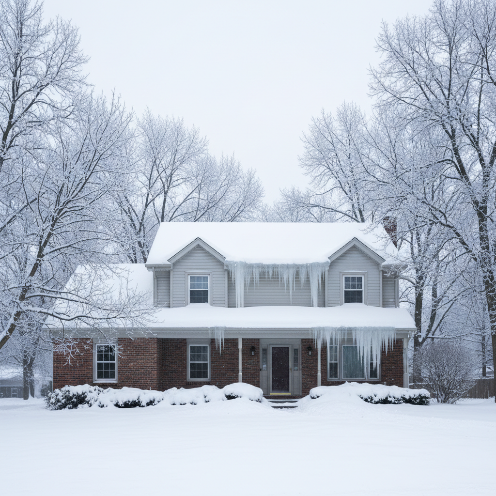 Thick ice dam and icicles built up along the eaves of a snow-covered Northeast Ohio home