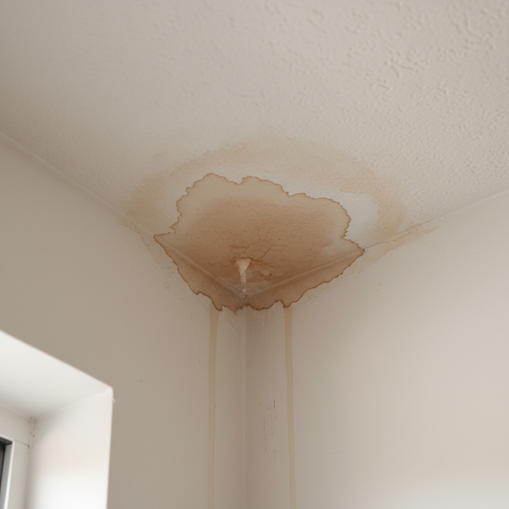 Water stain spreading across an interior ceiling from a roof leak caused by an ice dam