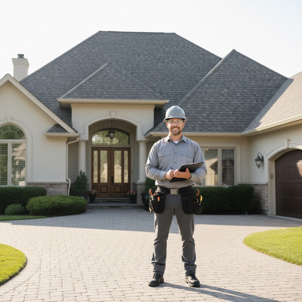 Professional local roofing contractor with a clipboard in the driveway of a Northeast Ohio home