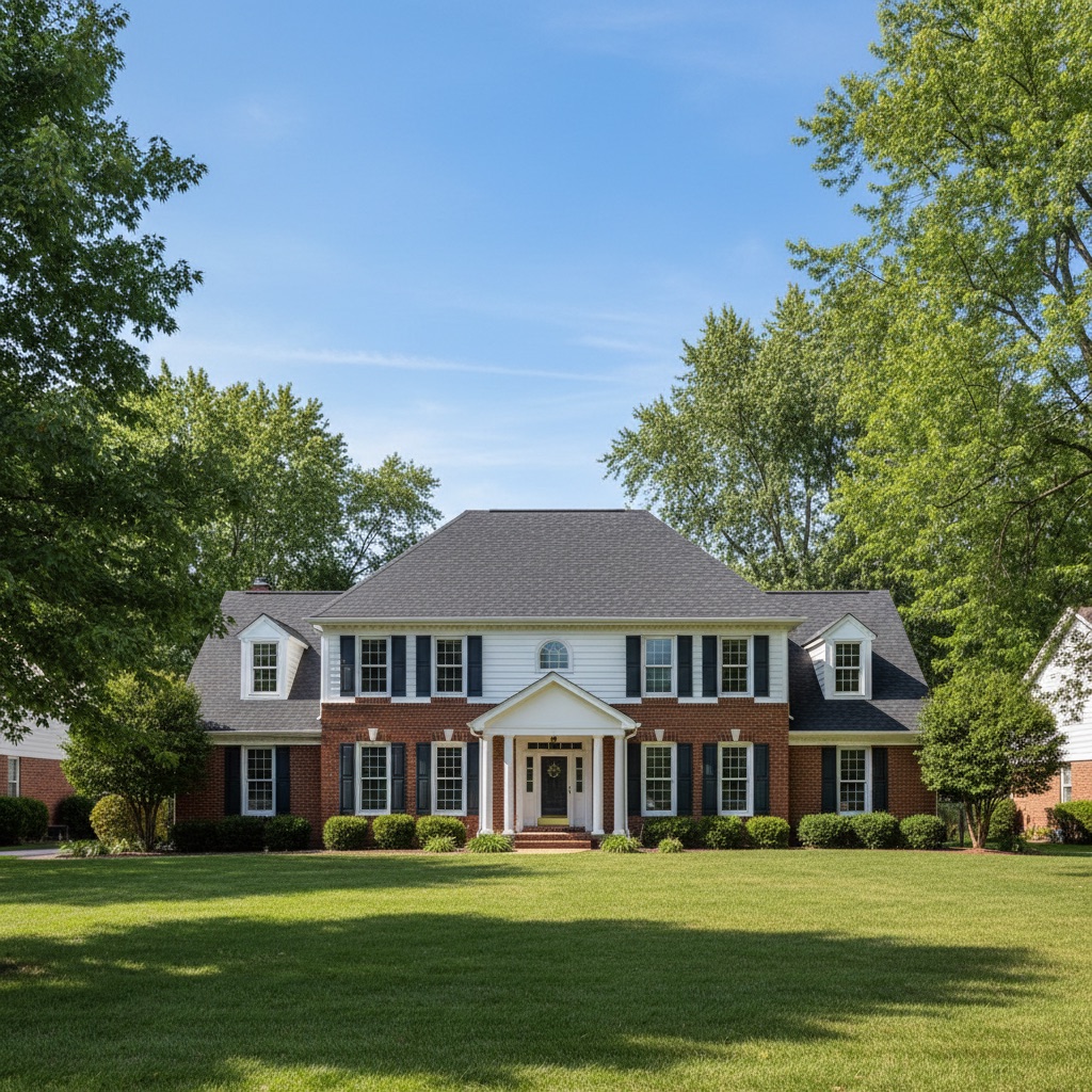 Newly installed dark gray asphalt shingle roof on a brick colonial home in Geauga County, Ohio