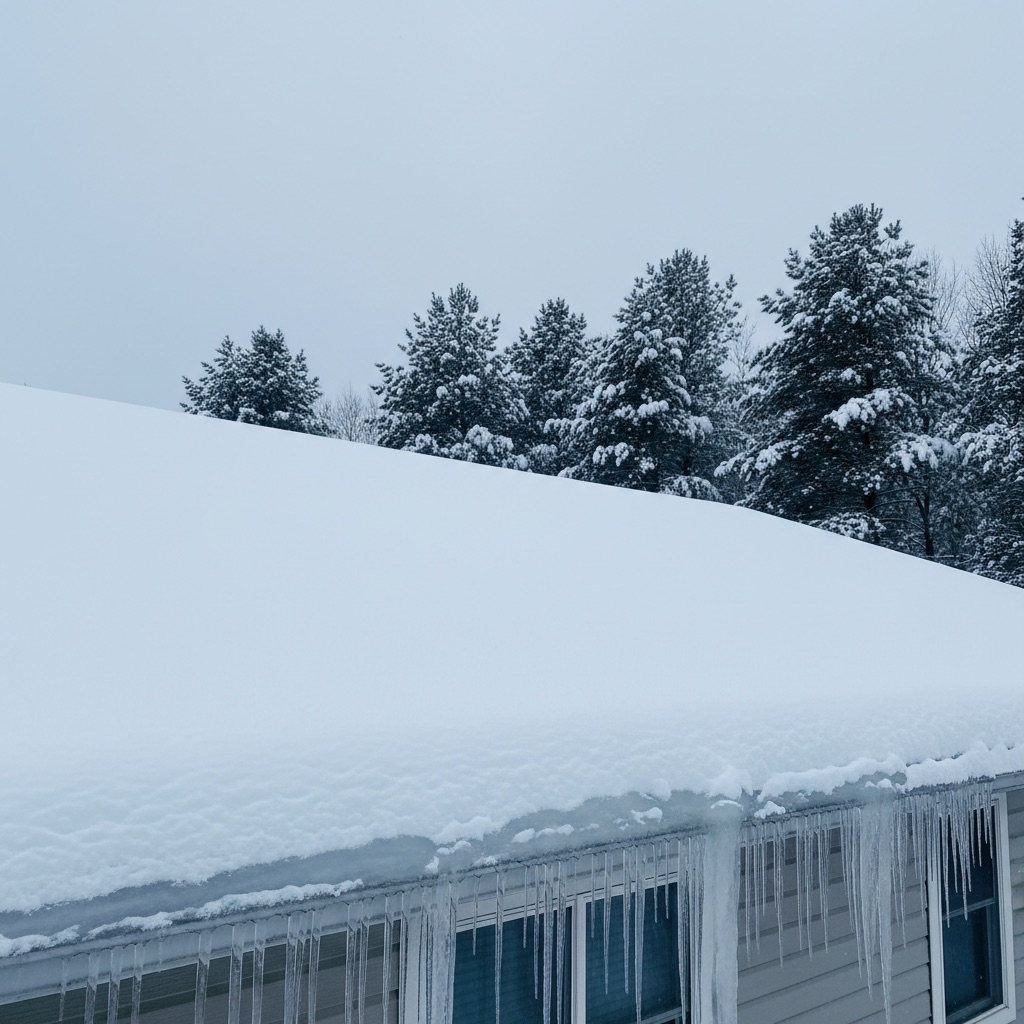 Snow-covered residential roof with ice dams and icicles during a Northeast Ohio winter