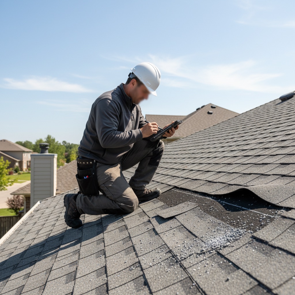 Roofer inspecting and documenting storm damage on a residential asphalt shingle roof