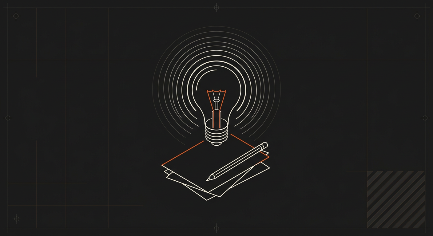 Isometric light bulb glowing above stacked papers with a pencil on a dark grid background.