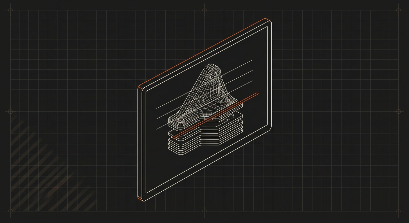 Isometric wireframe of a mechanical part displayed on a digital grid screen with orange highlights.