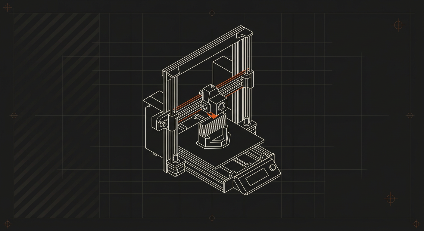 Isometric blueprint style illustration of a 3D printer printing a small object on its platform.