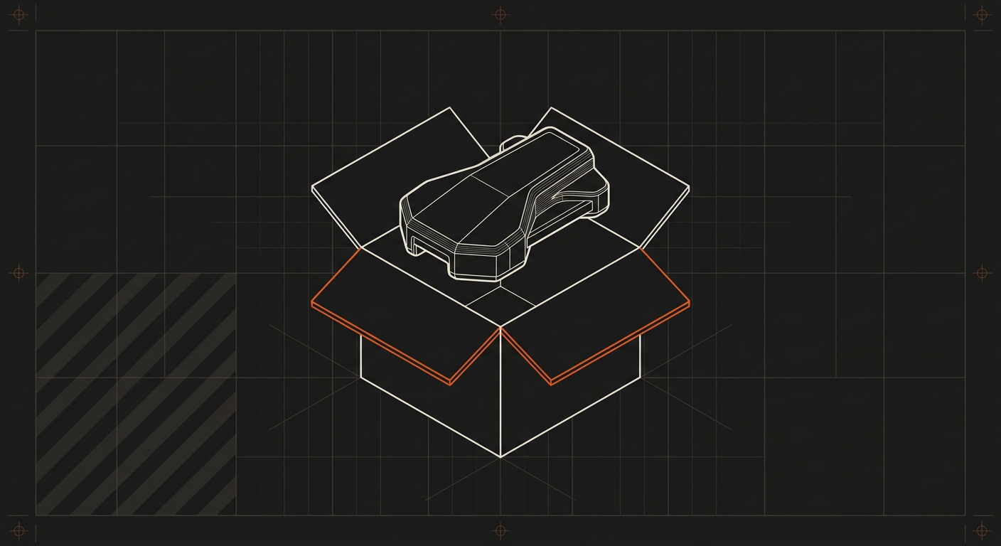 Isometric wireframe of an open box with a device inside on a grid background.