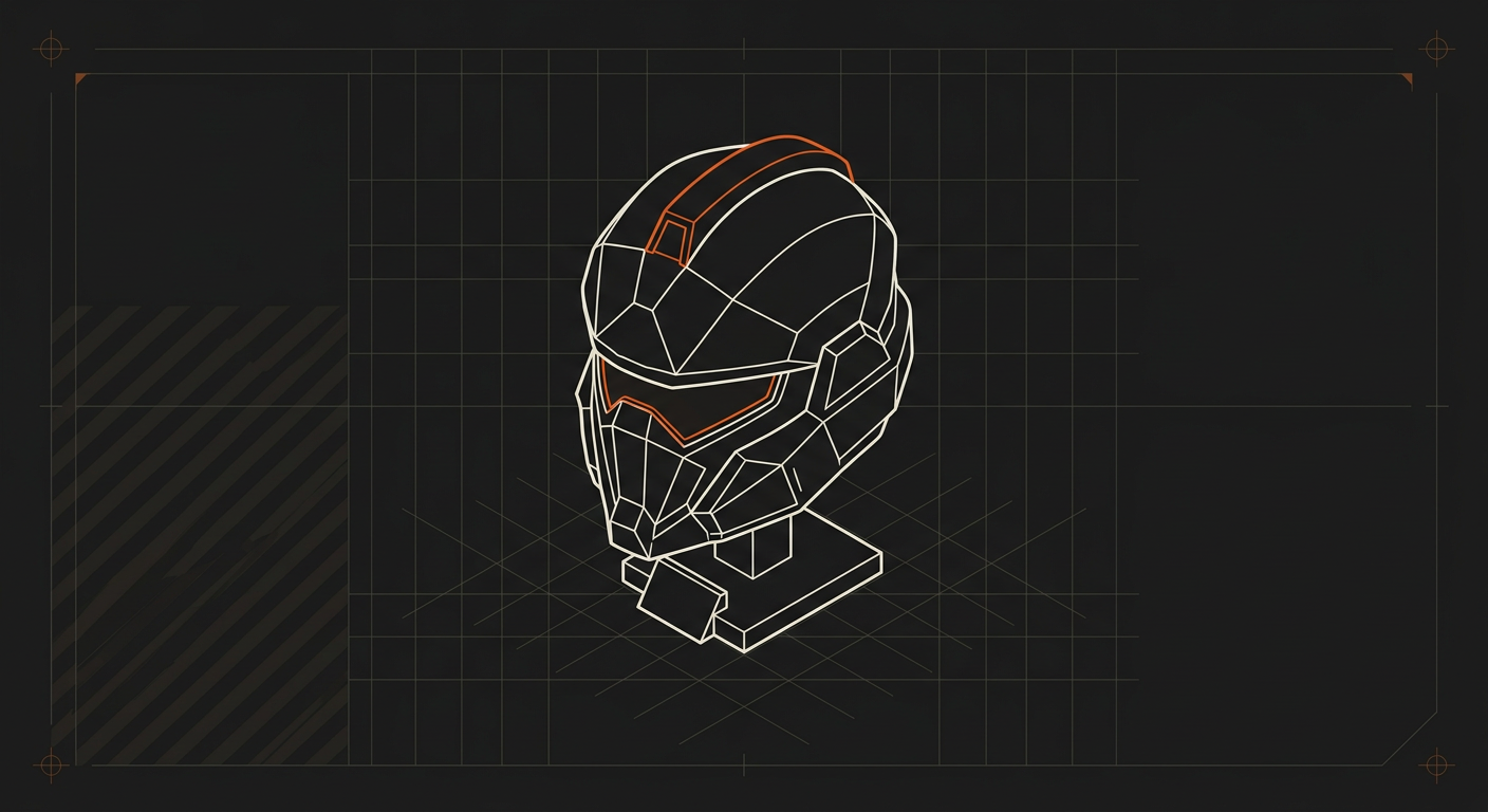 Isometric line drawing of a futuristic helmet with orange highlights on a black grid background.