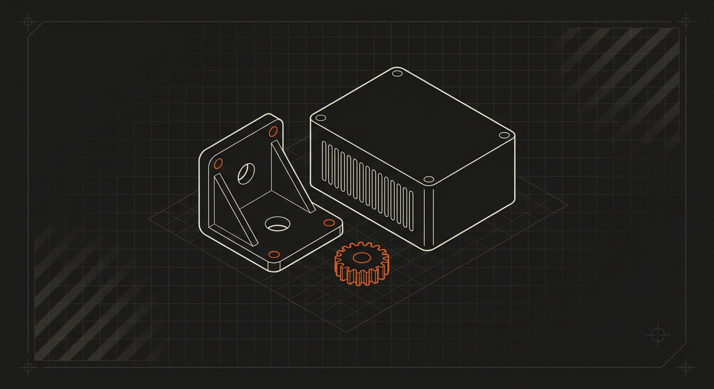 Isometric drawing of a bracket, rectangular casing, and a small gear on a grid background.