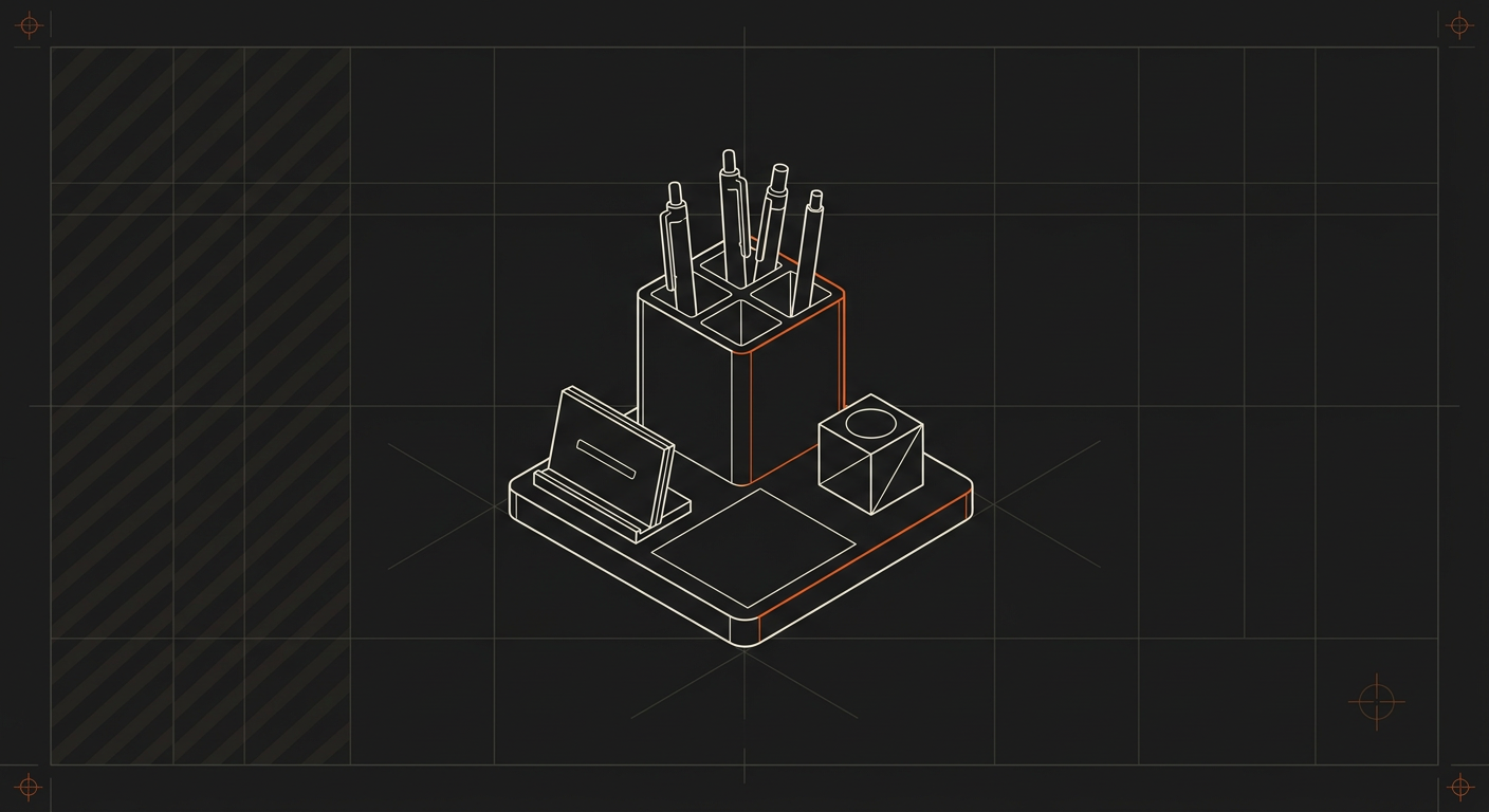 Isometric line drawing of a desk organizer holding pens, a business card holder, and a sticky note pad.