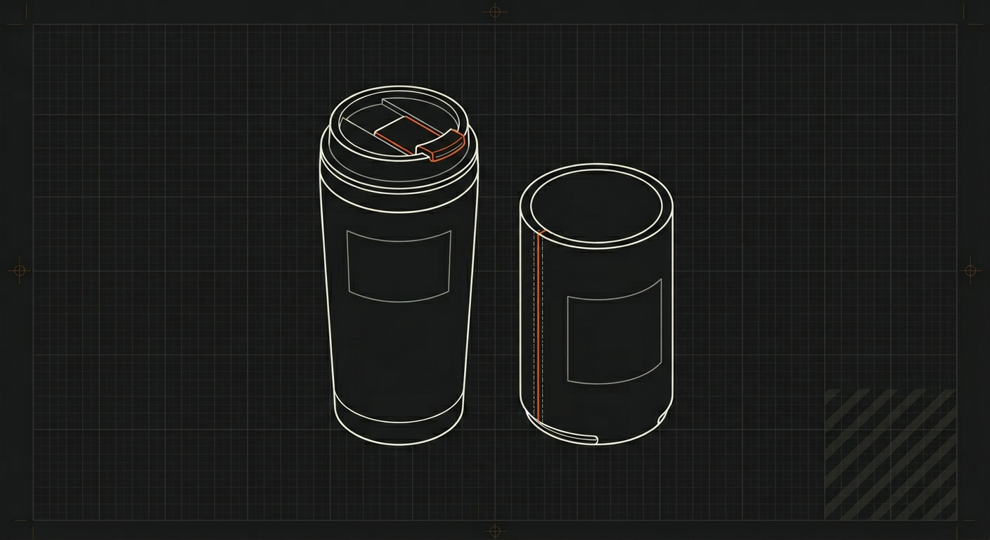 Isometric outline drawing of two cylindrical travel tumblers on a grid background.