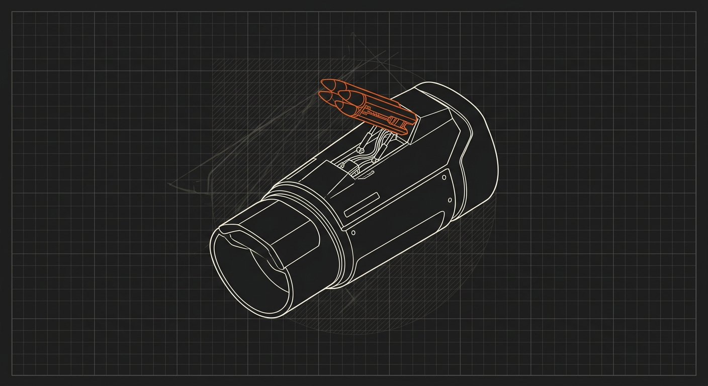 Isometric technical drawing of a cylindrical mechanical device with an orange bullet-like component.
