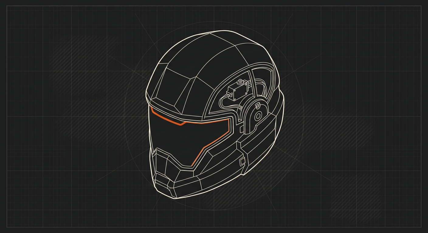 Isometric technical drawing of a futuristic helmet with highlighted visor outline on dark grid background.