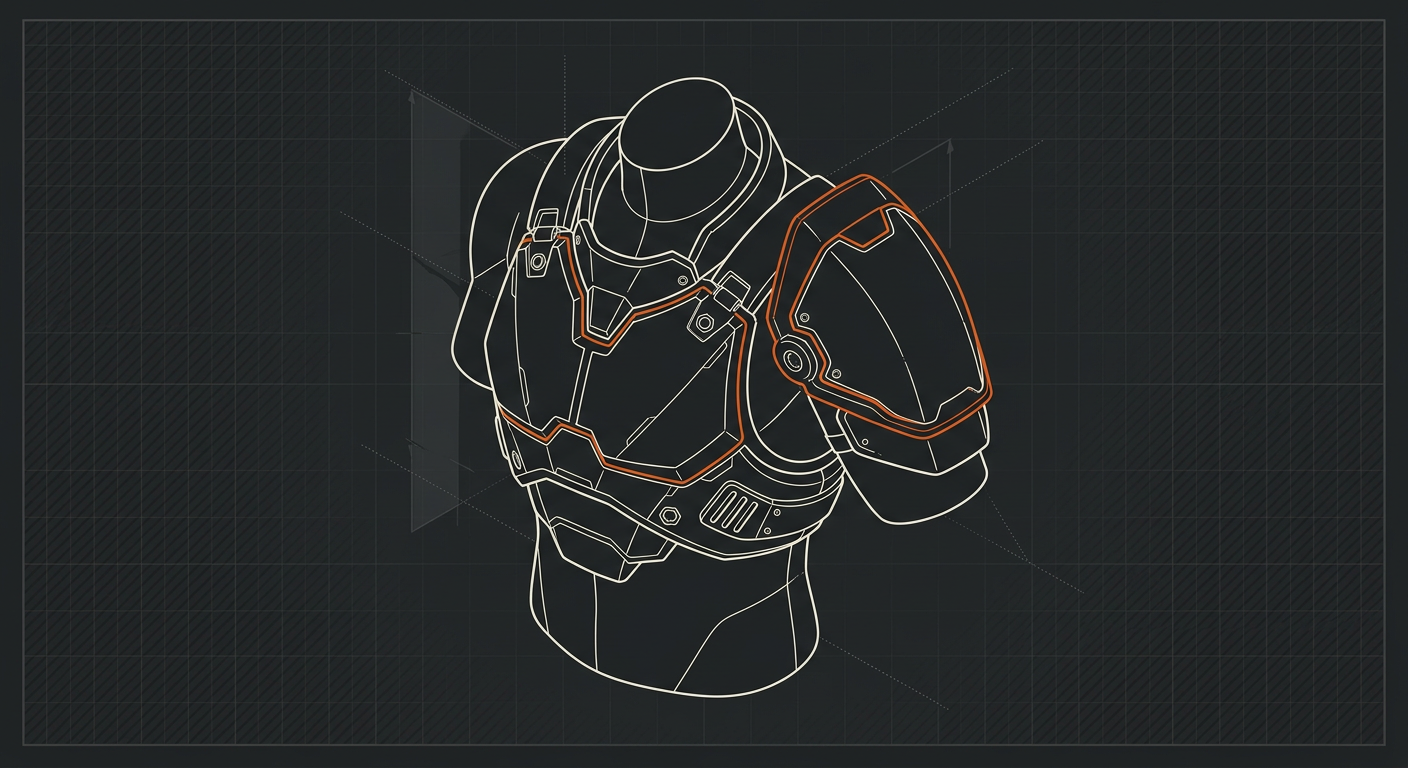 Isometric line drawing of futuristic armored chest and shoulder plating with orange accents on a dark grid background.
