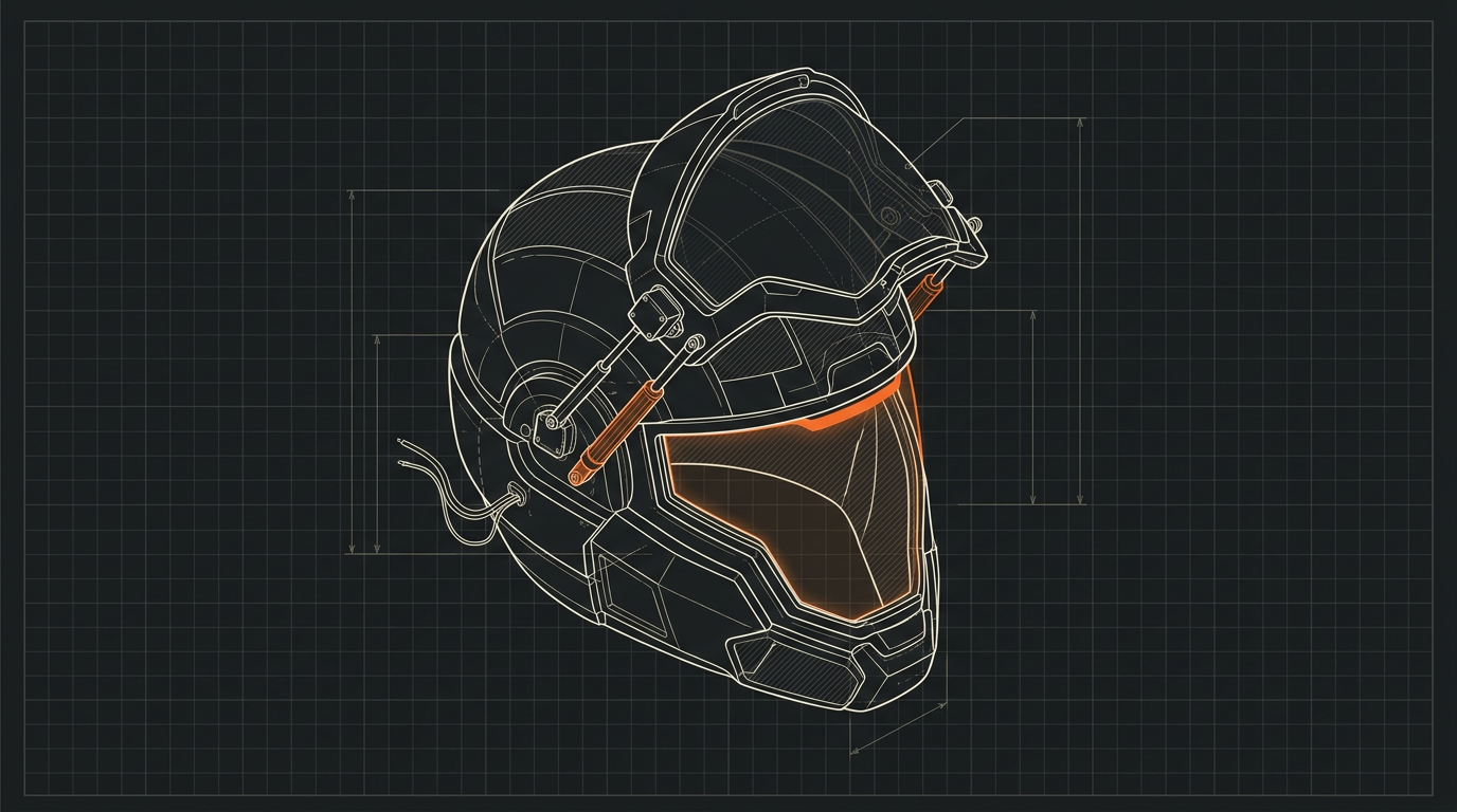 Isometric technical blueprint of a futuristic helmet with orange highlights on dark grid background.