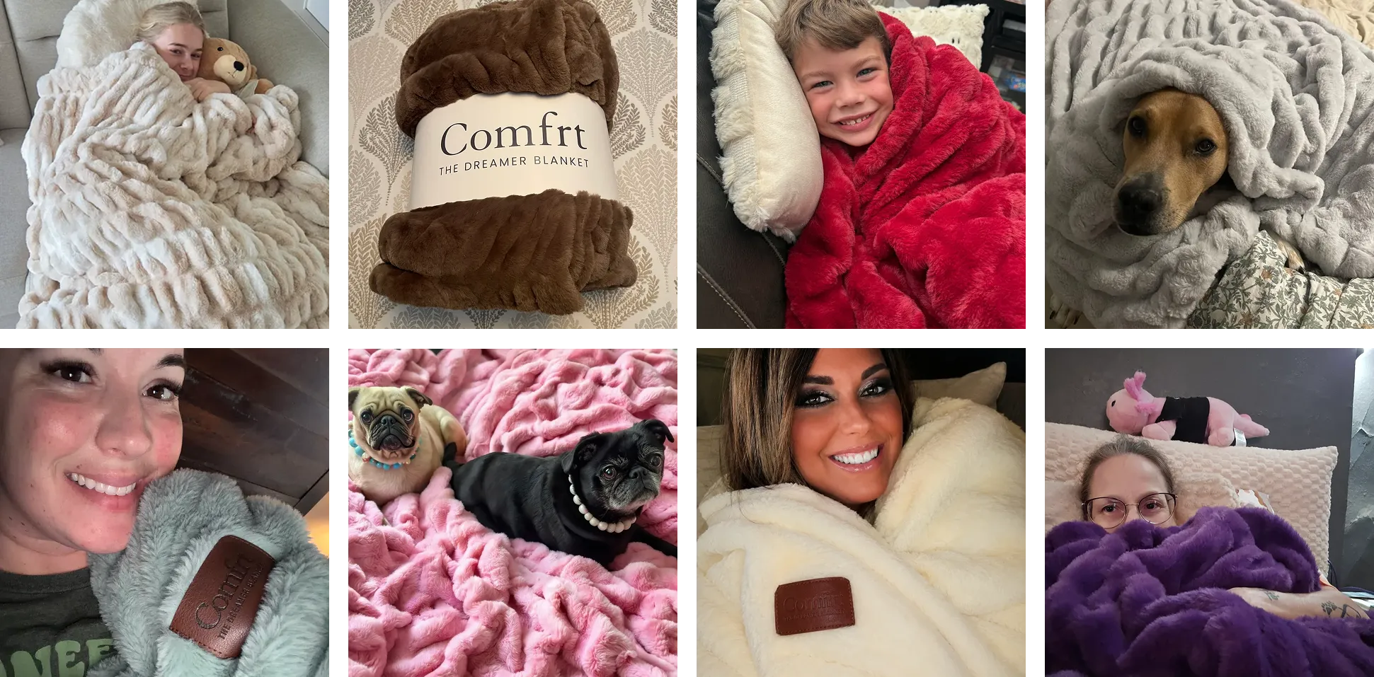 Grid of customer photos: adults, kids, and dogs snuggled in Dreamer Blankets in cream, brown, red, pink, and purple
