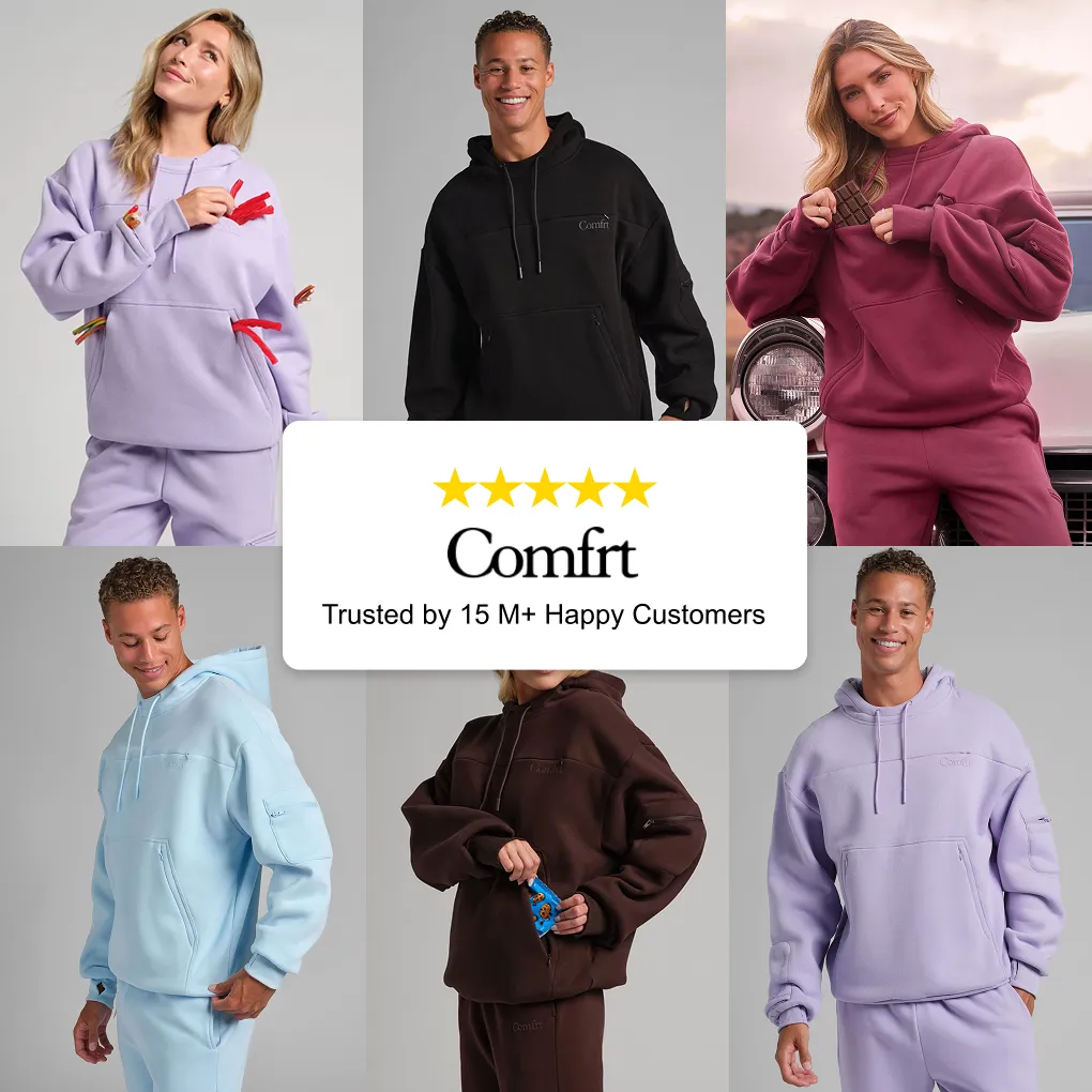 Six models wearing Snak Hoodies in lavender, black, berry, light blue, and brown, with a five-star badge reading "Comfrt — Trusted by 15M+ Happy Customers"