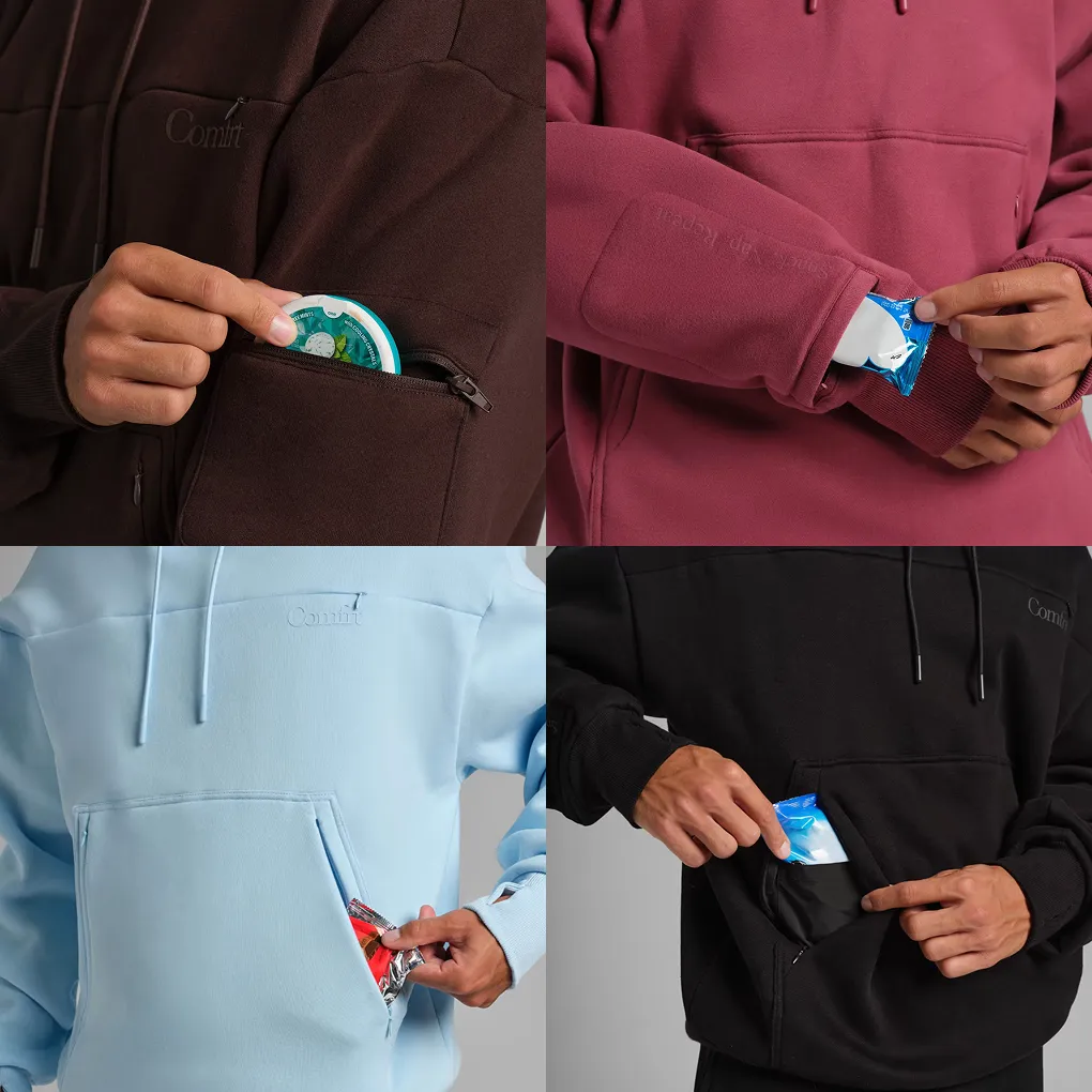 Four close-ups of Snak Hoodie pockets: a zippered sleeve pocket, a cuff pocket, and hidden compartments inside the kangaroo pocket, shown on brown, berry, light blue, and black hoodies