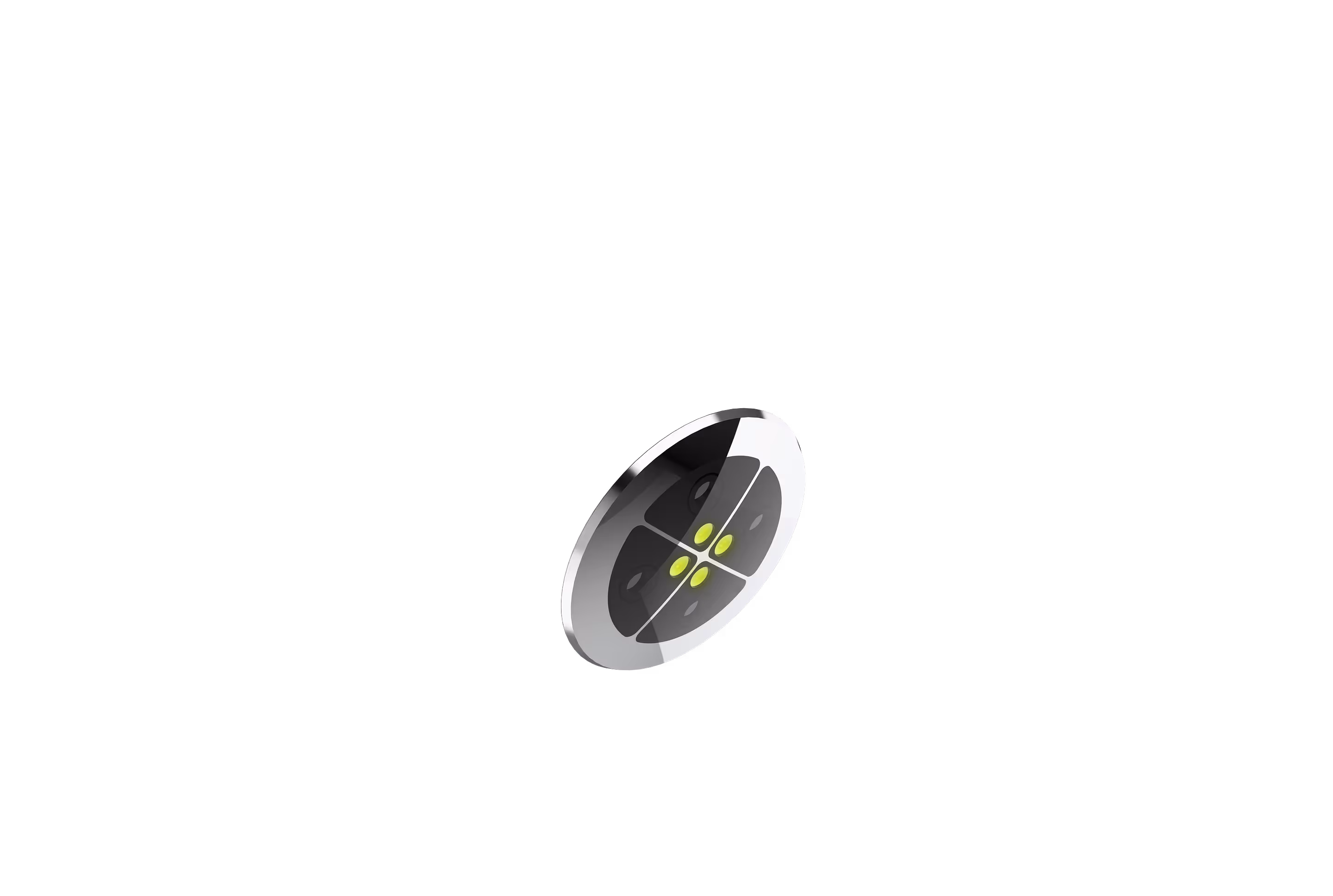 Close-up of a silver button with four yellow-green dots on a black background.