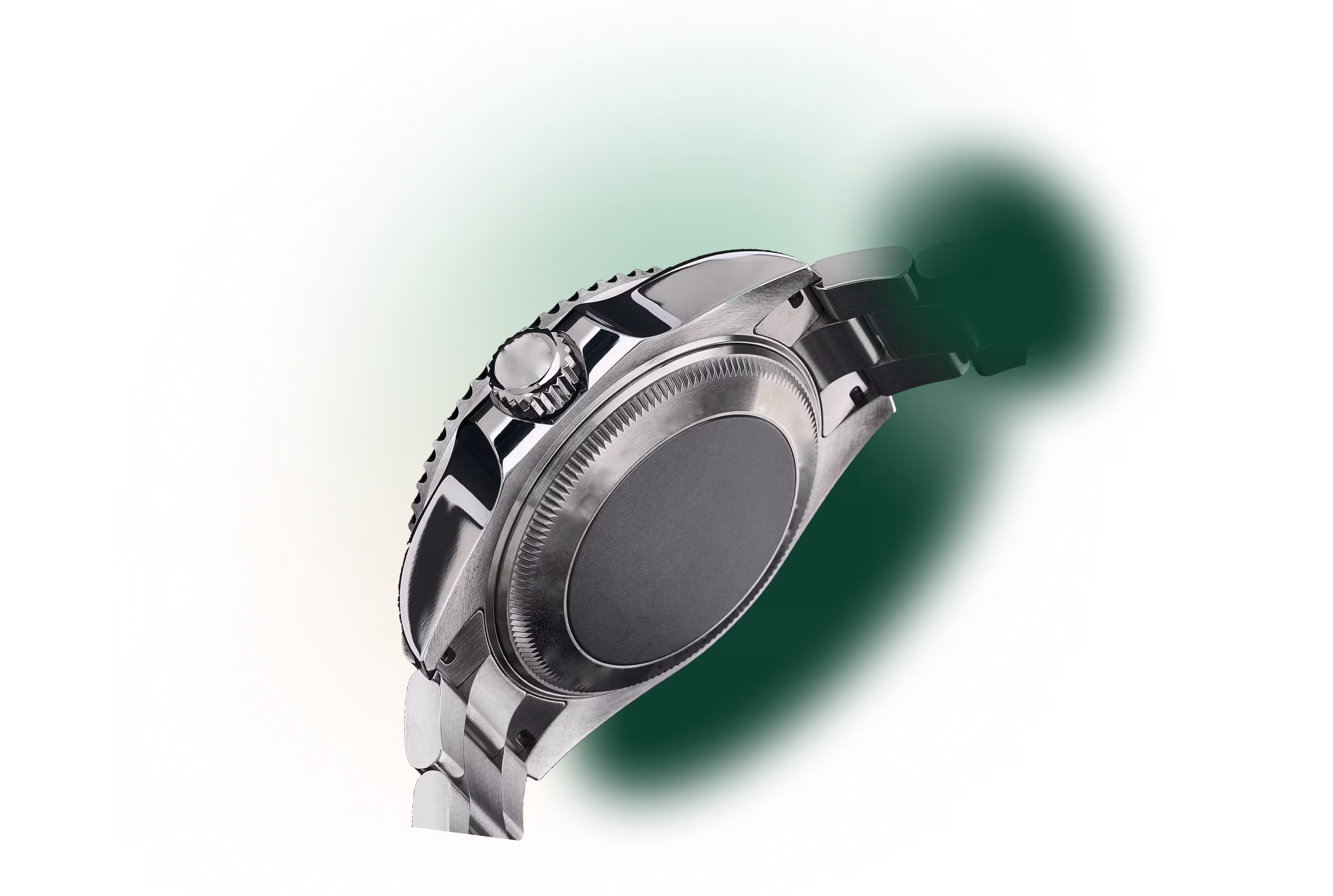 Close-up of the back and side of a stainless steel wristwatch with a metal band.