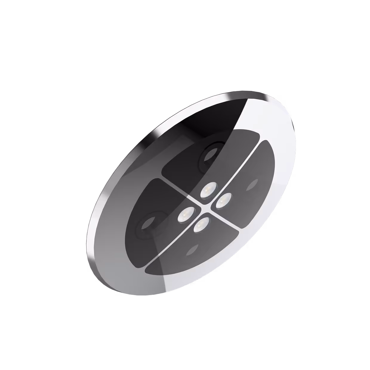 Round metallic object with a reflective surface and four symmetrical dark quadrants with small central bulbs.