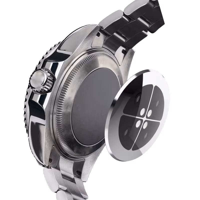 Close-up of a stainless steel wristwatch casing with its back cover partially detached.