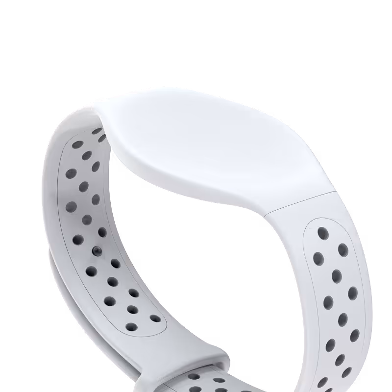 White wristband with perforated holes and a smooth, oval-shaped central unit.