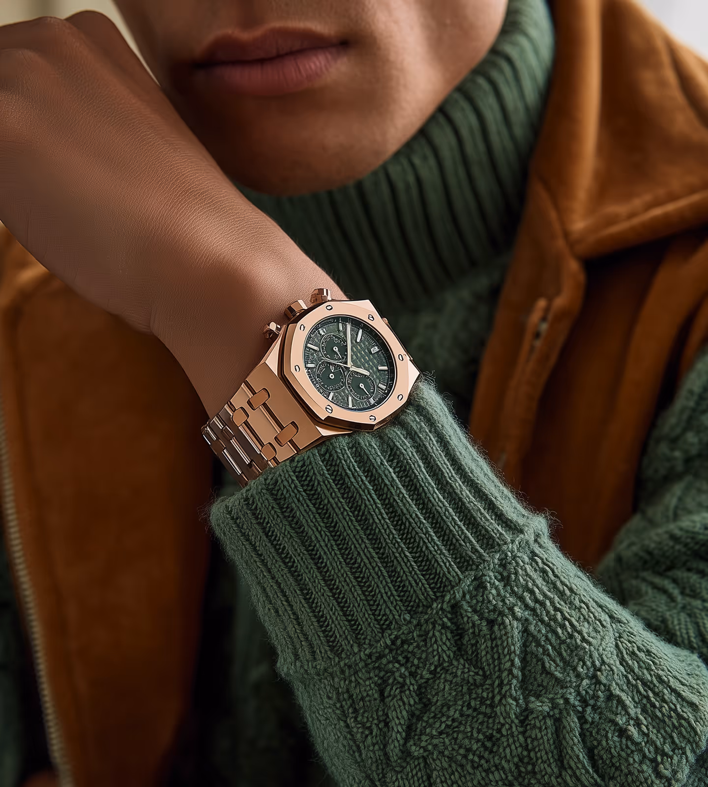 Wrist with gold-tone watch featuring a green dial worn over a green knit sweater sleeve.