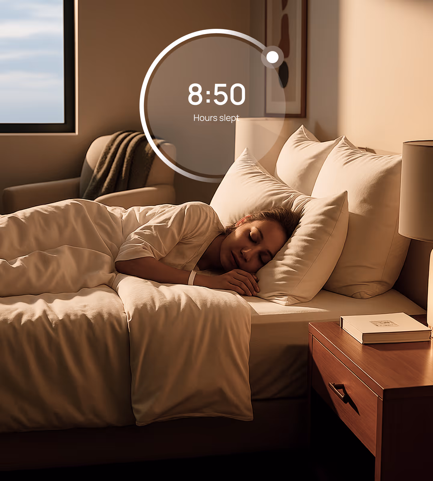 Woman sleeping peacefully in bed with a graphic showing 8 hours 50 minutes slept.