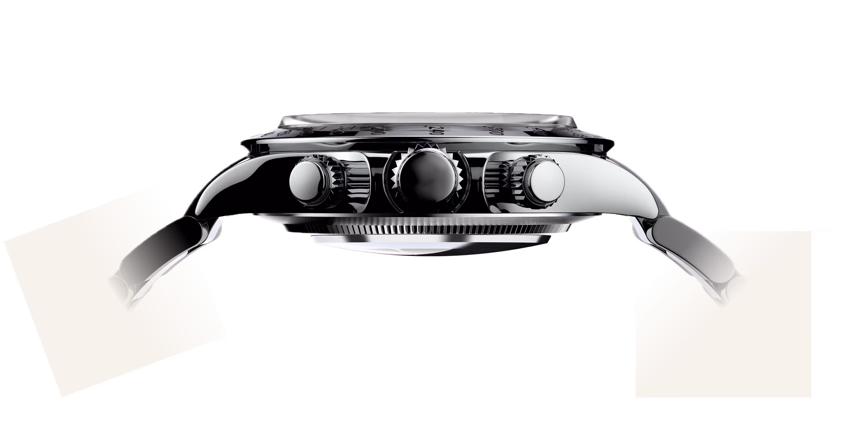 Side profile of a stainless steel wristwatch with three pushers under the bezel.