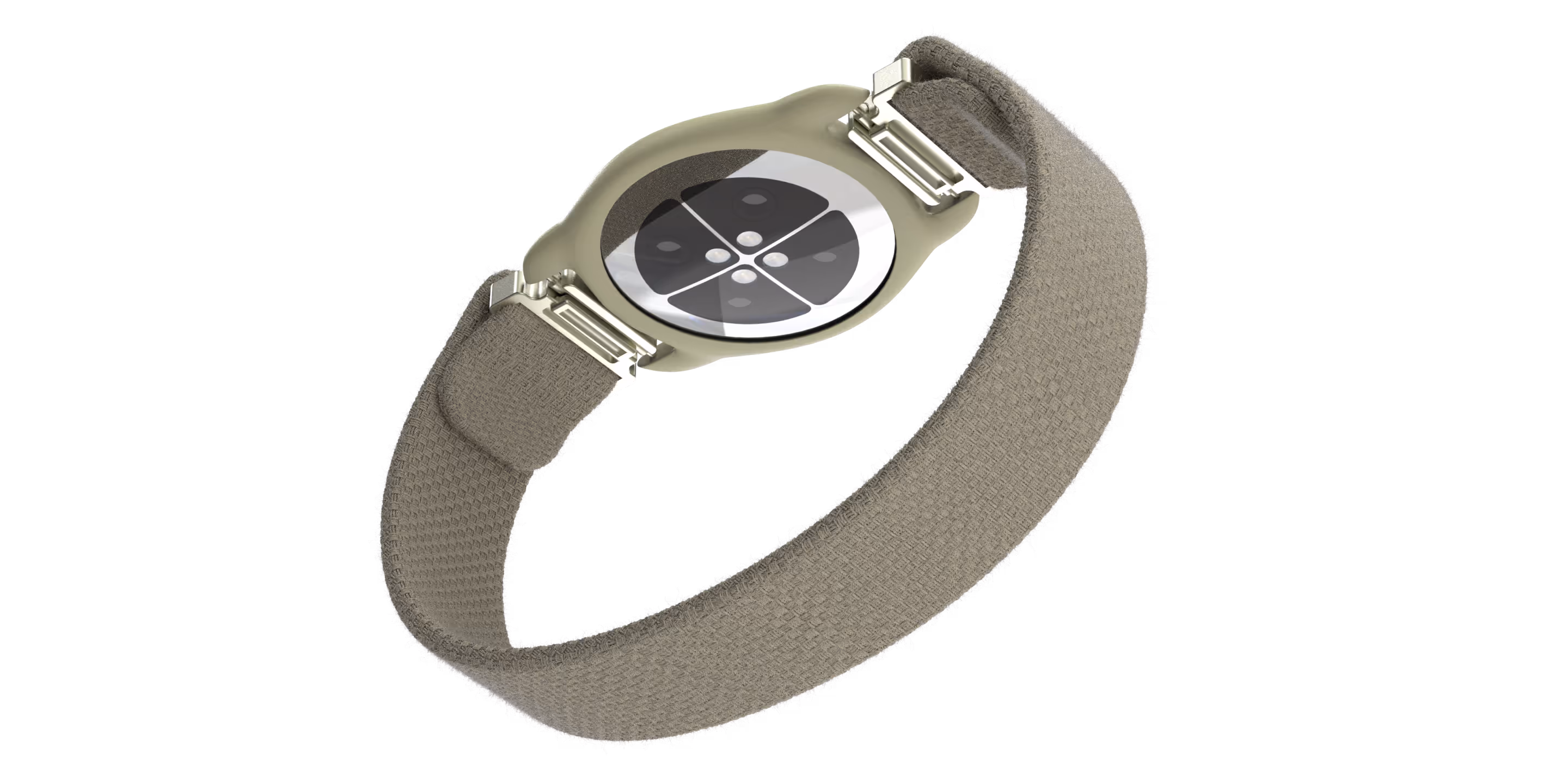 Back view of a smartwatch with a round sensor and a gray woven fabric band.