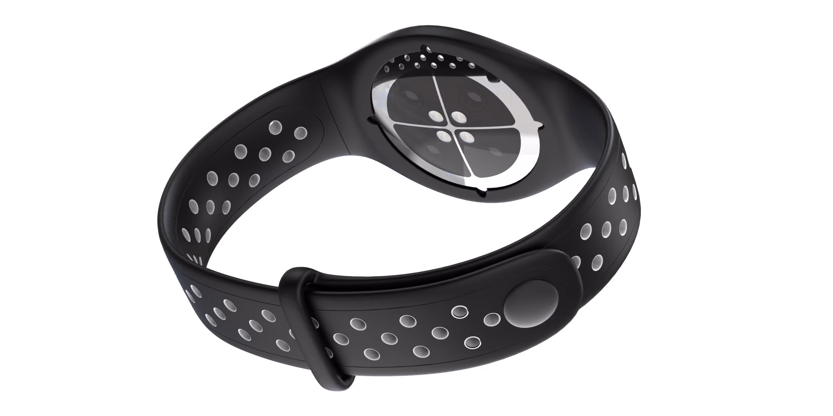 Black sports smartwatch band with ventilation holes and round sensor on the underside.