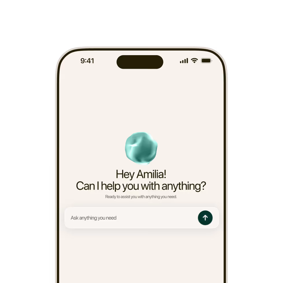 Smartphone screen greeting Amilia and asking if it can help with anything, with a text input box.