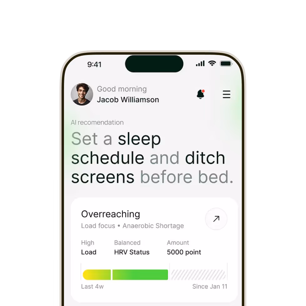 Mobile app shows AI advice to set sleep schedule and avoid screens before bed with health data summary.