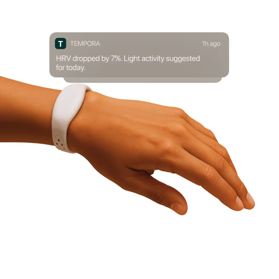 Hand wearing a white fitness tracker showing a notification: HRV dropped 7%, light activity suggested.