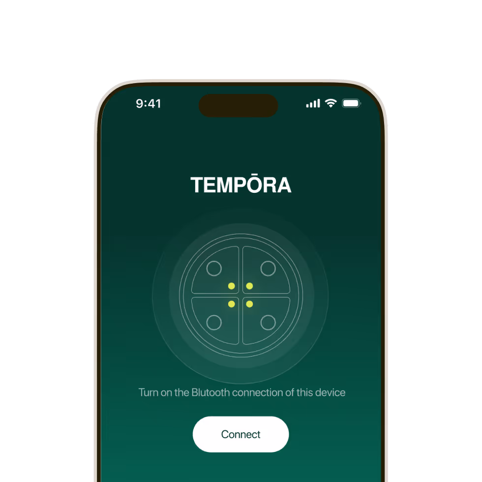 Phone screen app named TEMPŌRA with a connect button and Bluetooth connection prompt on green background.