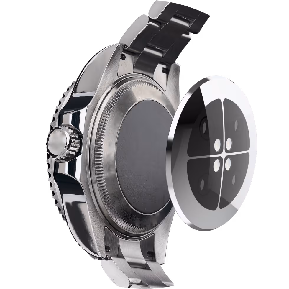 Metal wristwatch case and bracelet shown with back cover detached, floating beside it on black background.