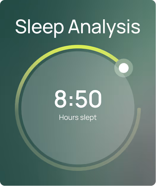 Sleep analysis display showing 8 hours and 50 minutes slept with circular progress bar.
