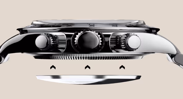 Side view of a watch case with three crown knobs and an exploded watch back beneath it.