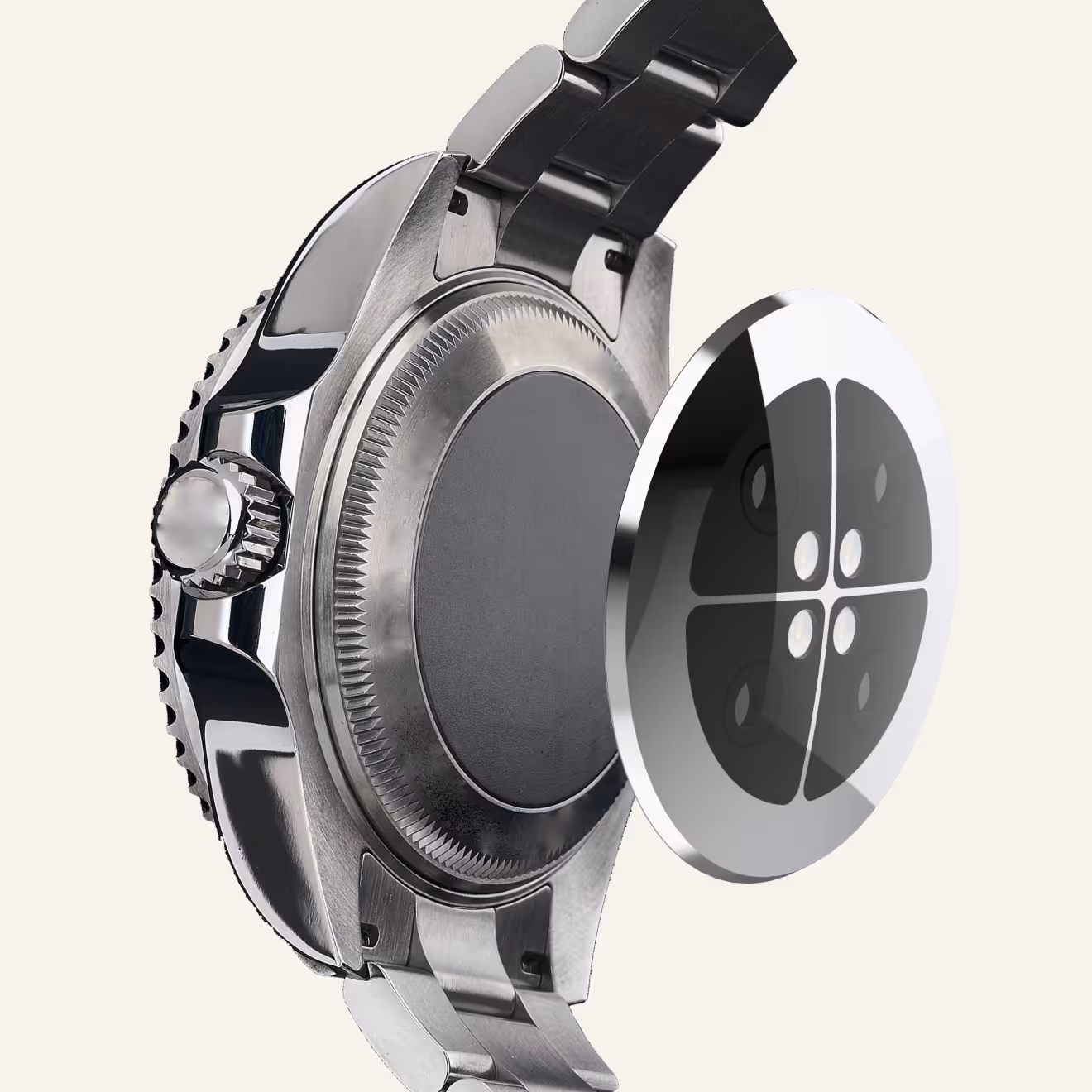 Stainless steel watch backside with the cover removed showing the case back and an open cover.