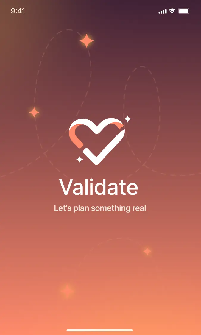 ValiDate logo with heart and checkmark icon and text Let's plan something real on orange gradient background.