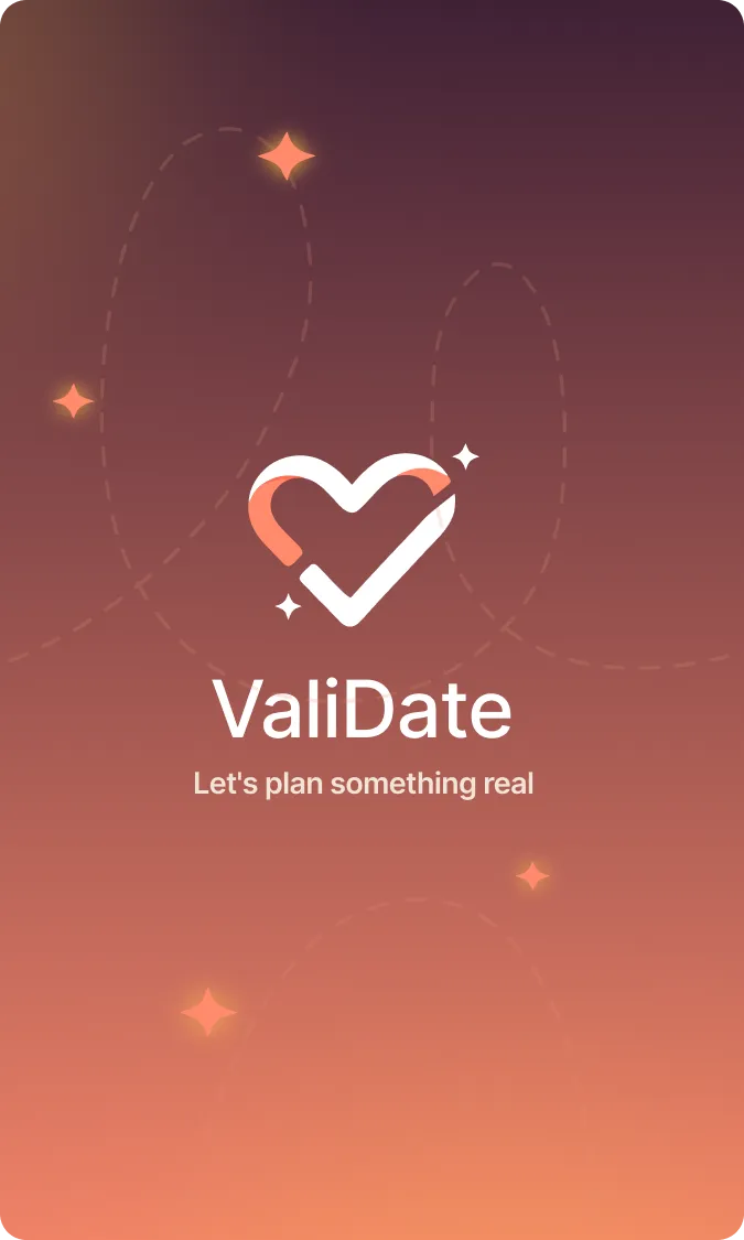 ValiDate logo with heart and checkmark icon and text Let's plan something real on orange gradient background.
