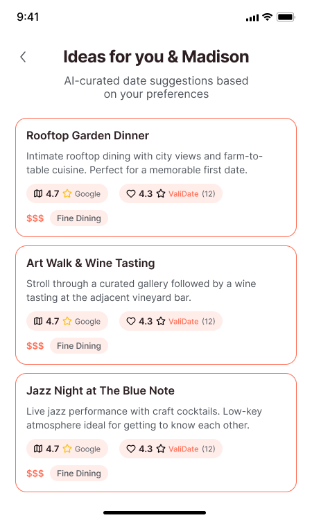 App screen showing date ideas: Rooftop Garden Dinner and Art Walk & Wine Tasting with ratings and tags.