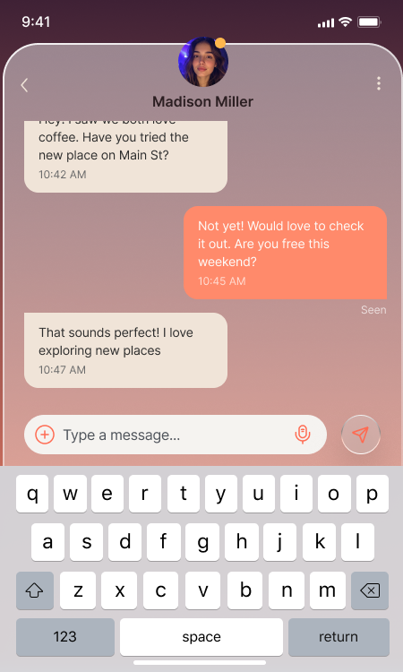 Smartphone chat screen with messages about trying a new coffee place and weekend plans, keyboard visible.