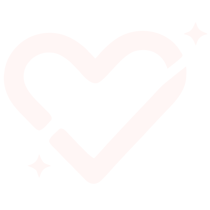 Red heart shape with a check mark inside and two sparkle stars around it.