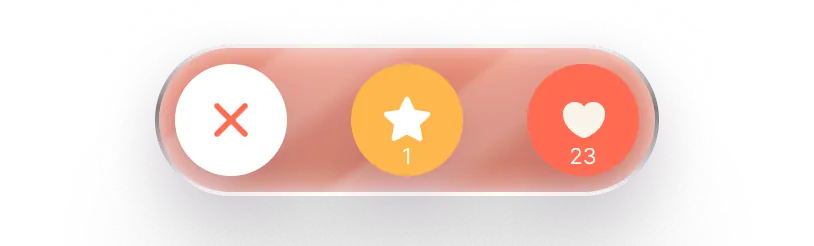 Interface with three buttons: a white X, a golden star with number 1, and a red heart with number 23.
